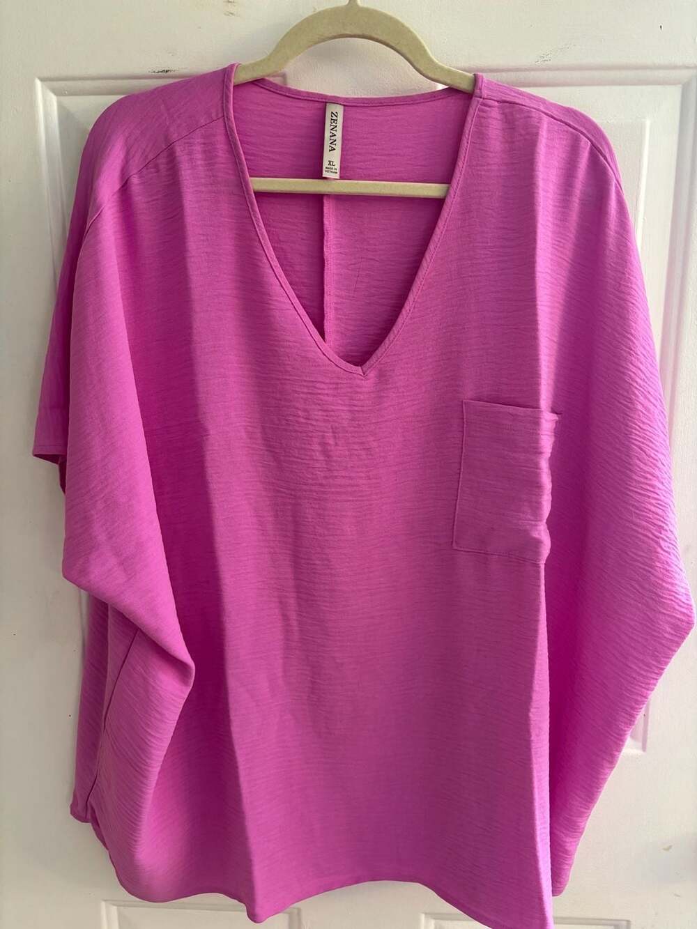 Zenana Women's V-Neck Woven Airflow Dolman Short Sleeve Blouse Top with Front Po